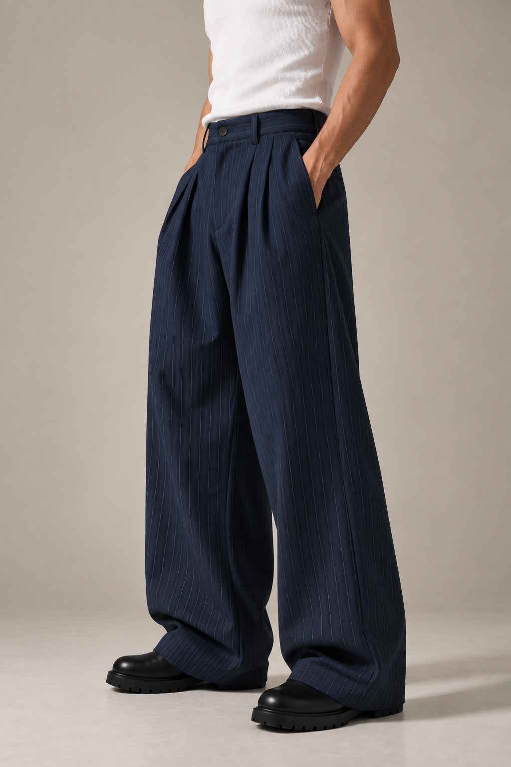 Navy Stripe Cotton Pants - Baggy Fit