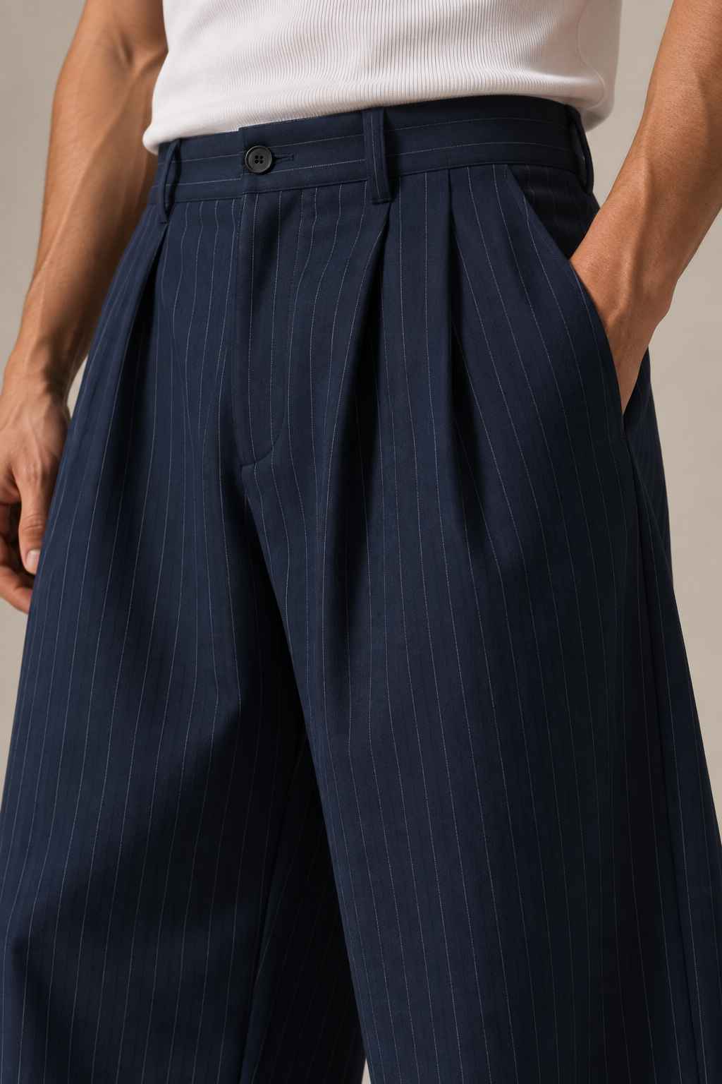 Navy Stripe Cotton Pants - Baggy Fit