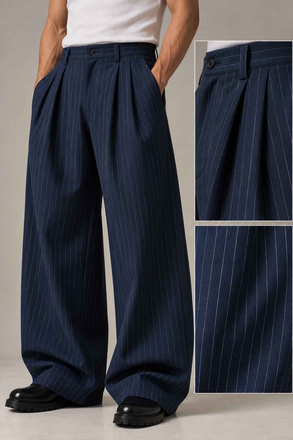Navy Stripe Cotton Pants - Baggy Fit