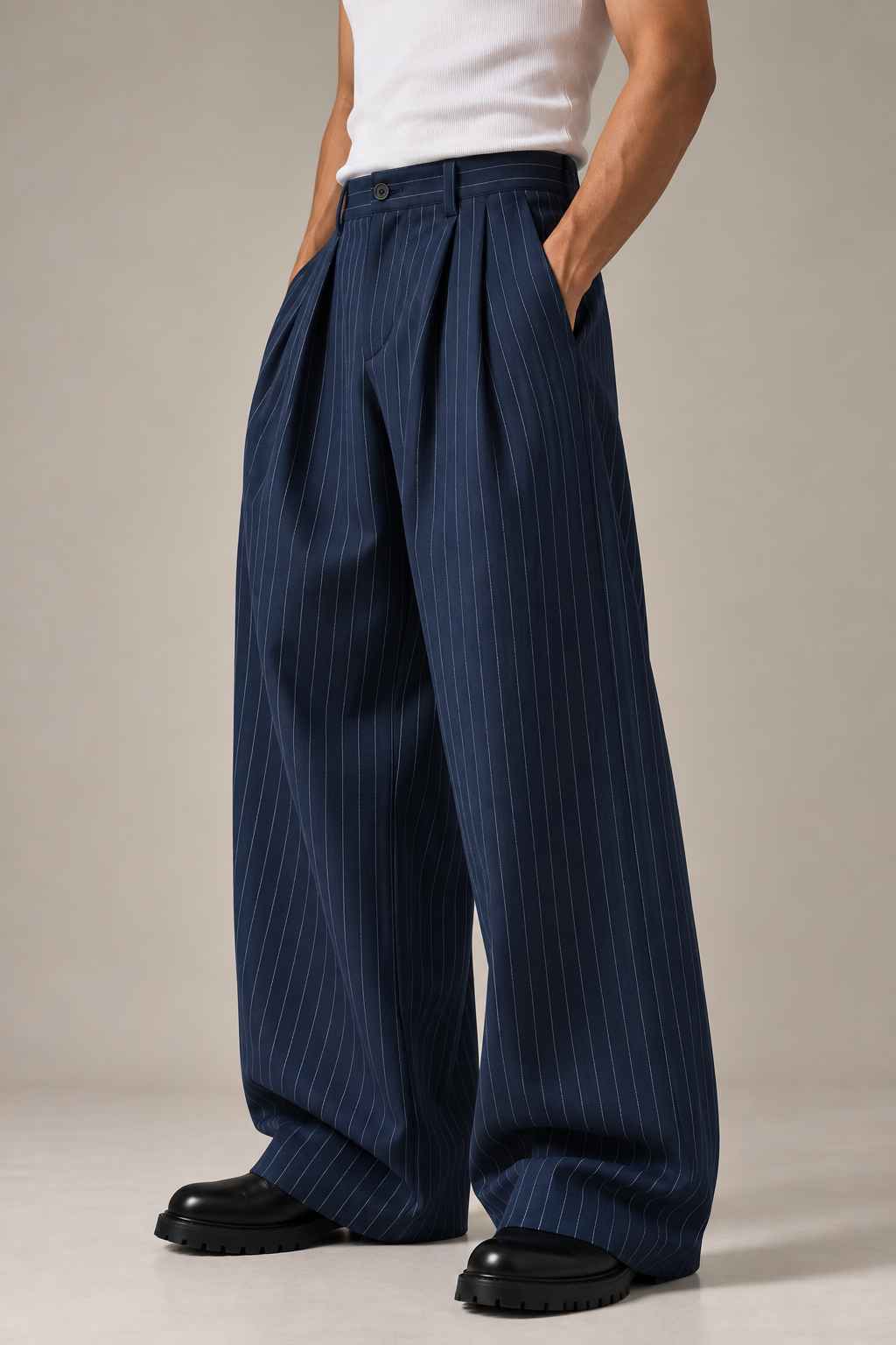 Navy Stripe Cotton Pants - Baggy Fit