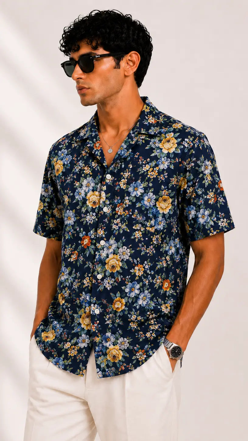 Navy Floral Cuban Shirt