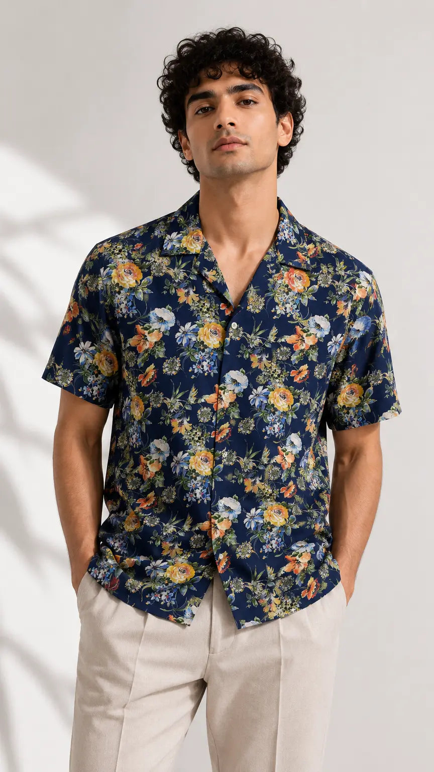 Navy Floral Cuban Shirt