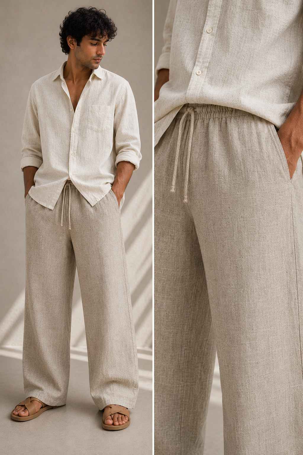 Oatmeal Pure Linen Pants - Relaxed Fit
