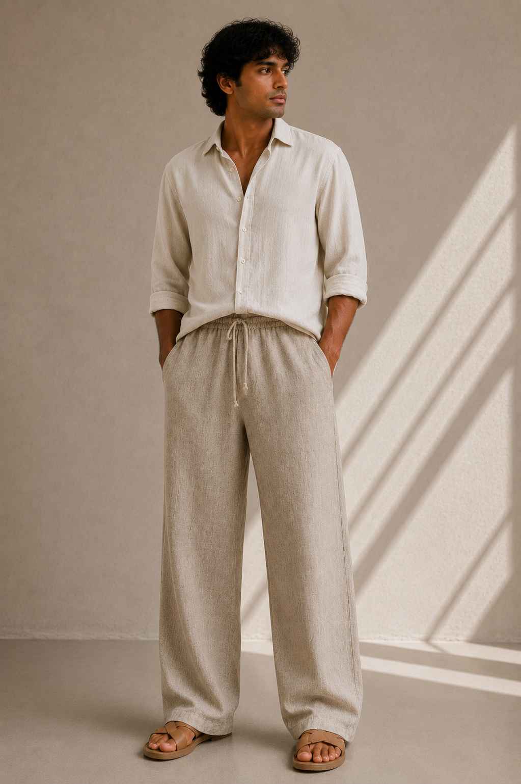 Oatmeal Pure Linen Pants - Relaxed Fit