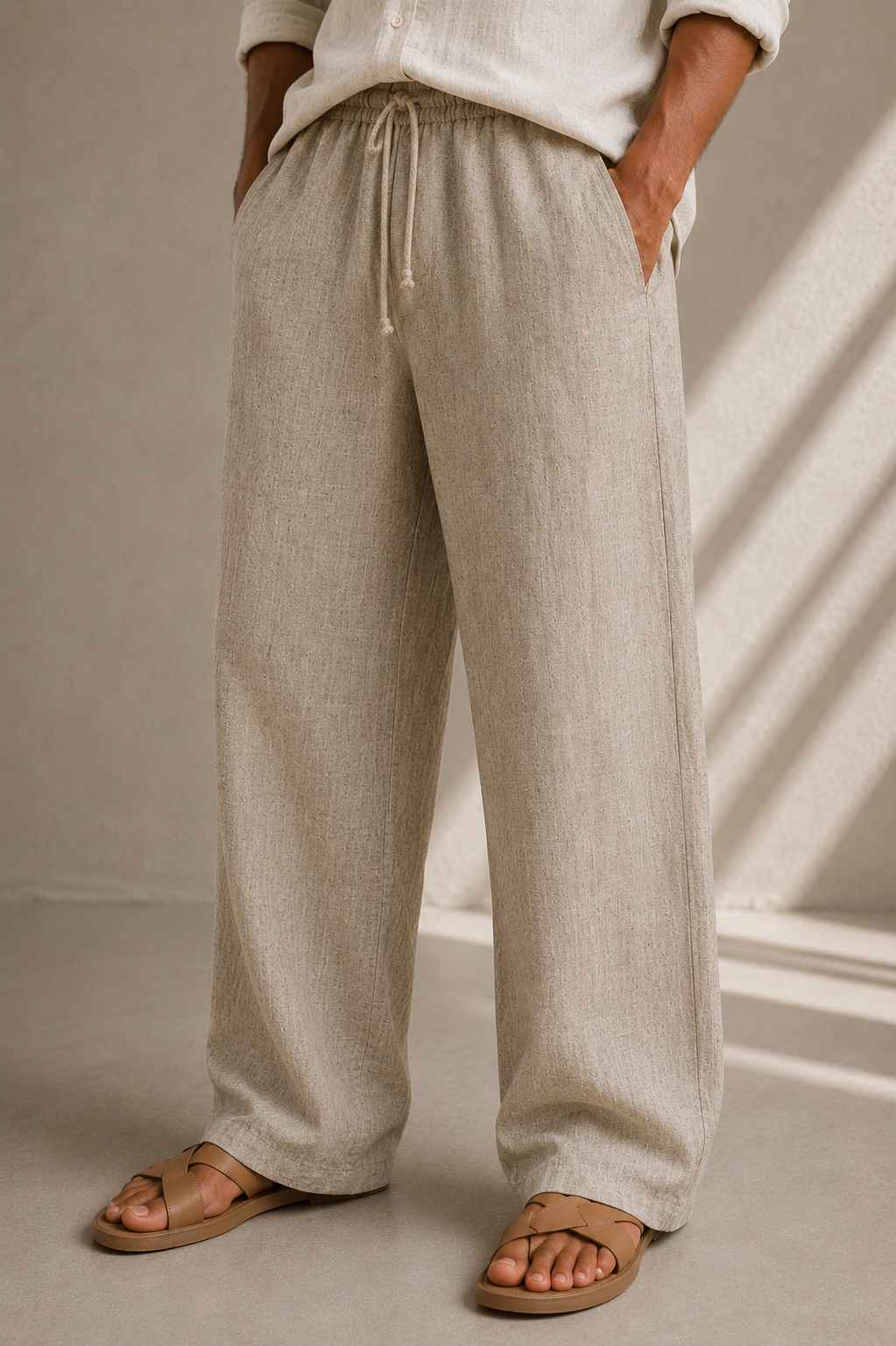Oatmeal Pure Linen Pants - Relaxed Fit