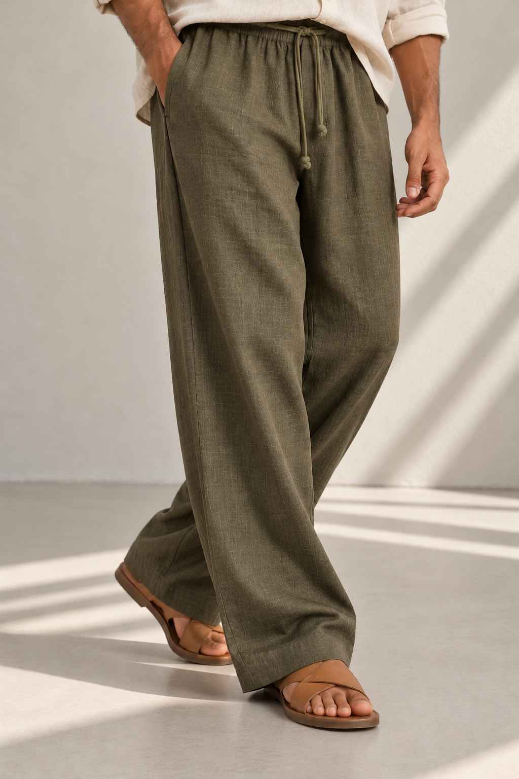 Olive Green Pure Linen Pants - Relaxed Fit