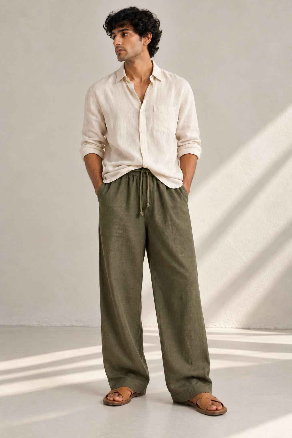 Olive Green Pure Linen Pants - Relaxed Fit
