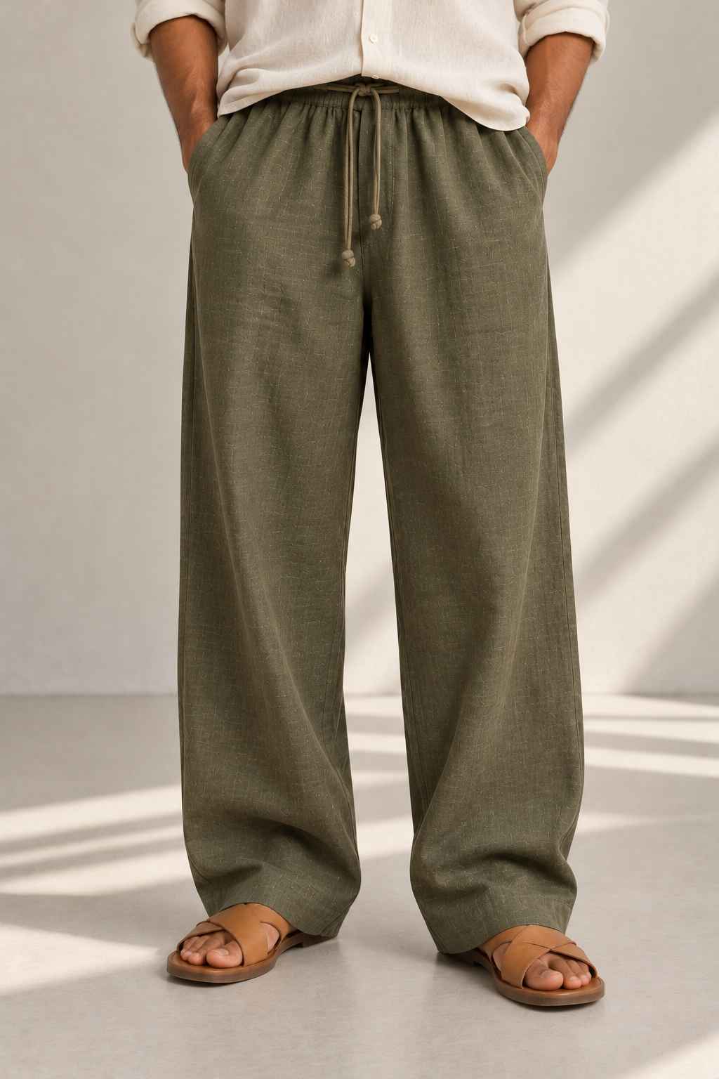 A person wearing loose olive green drawstring pants with a cream shirt and tan sandals, standing against a light gray wall with soft diagonal shadows.