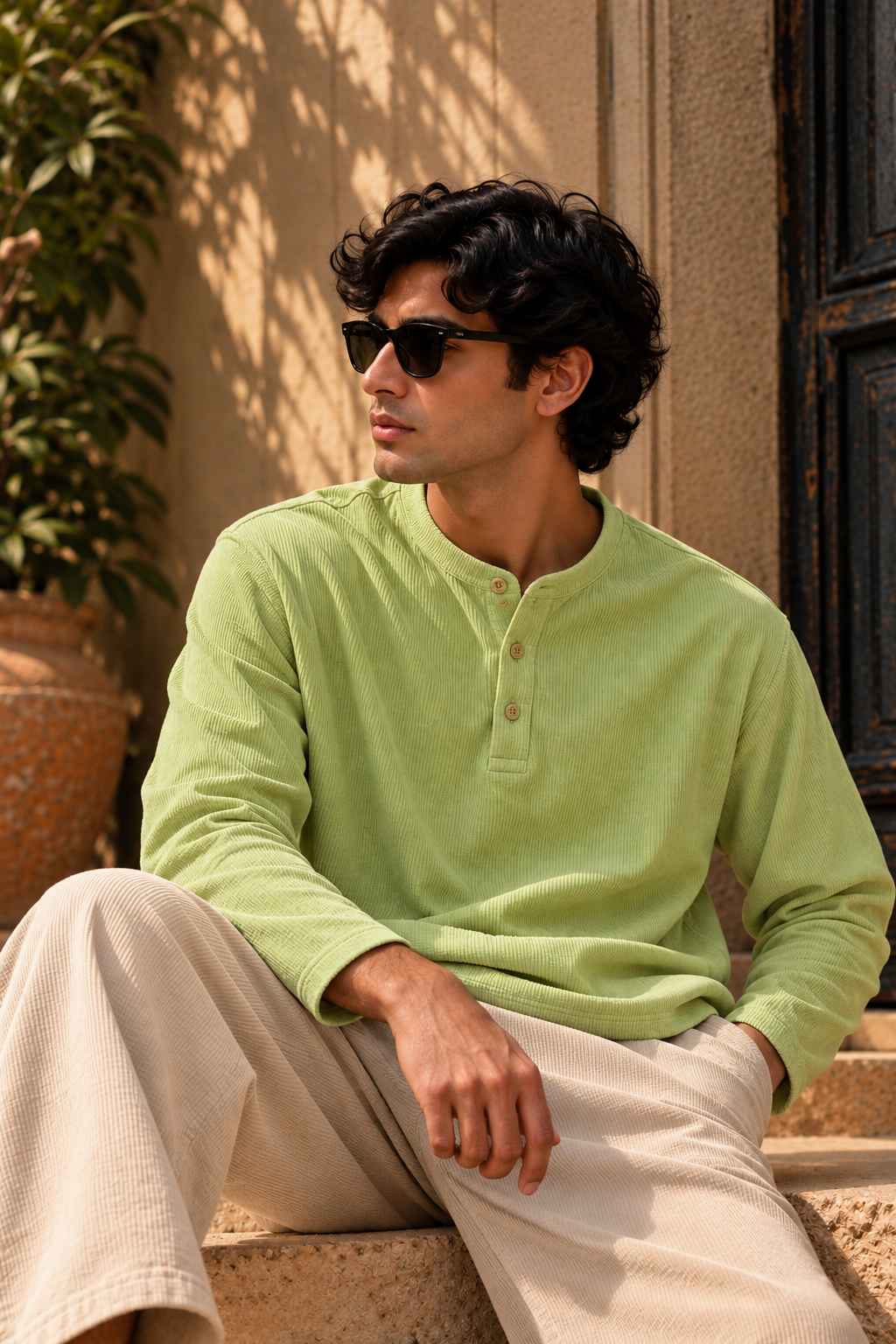 A man wearing a light green long-sleeve henley shirt and beige trousers sits on stone steps outdoors, wearing dark sunglasses.