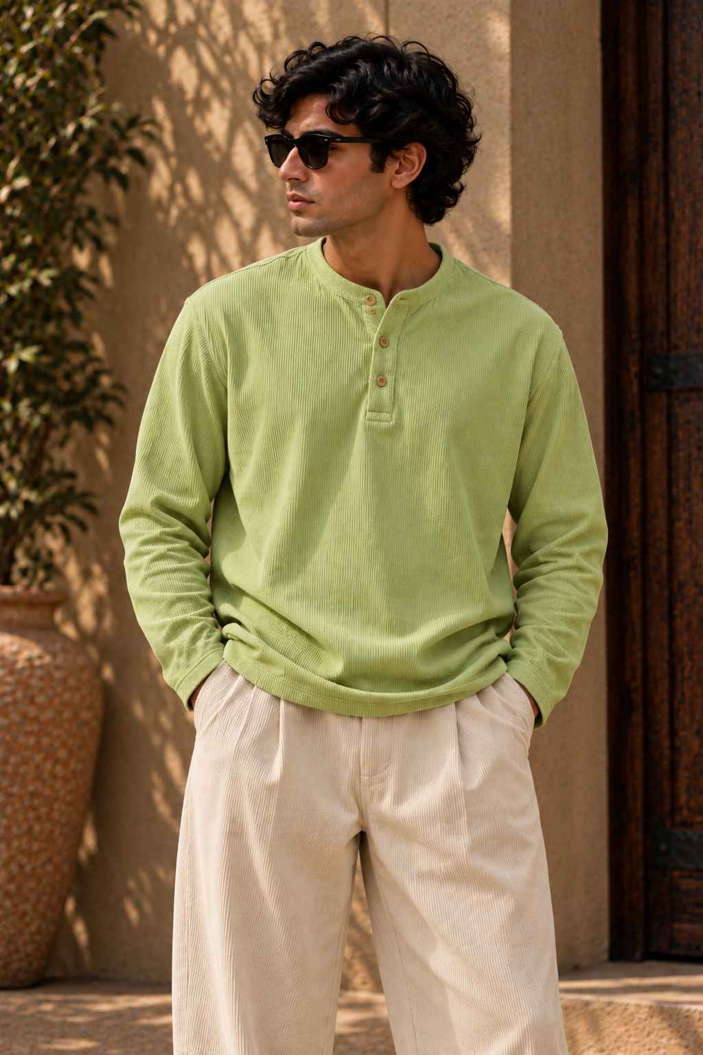 A man wearing a light green long-sleeve henley shirt and cream trousers, standing outdoors in front of a beige wall and dark wooden door.