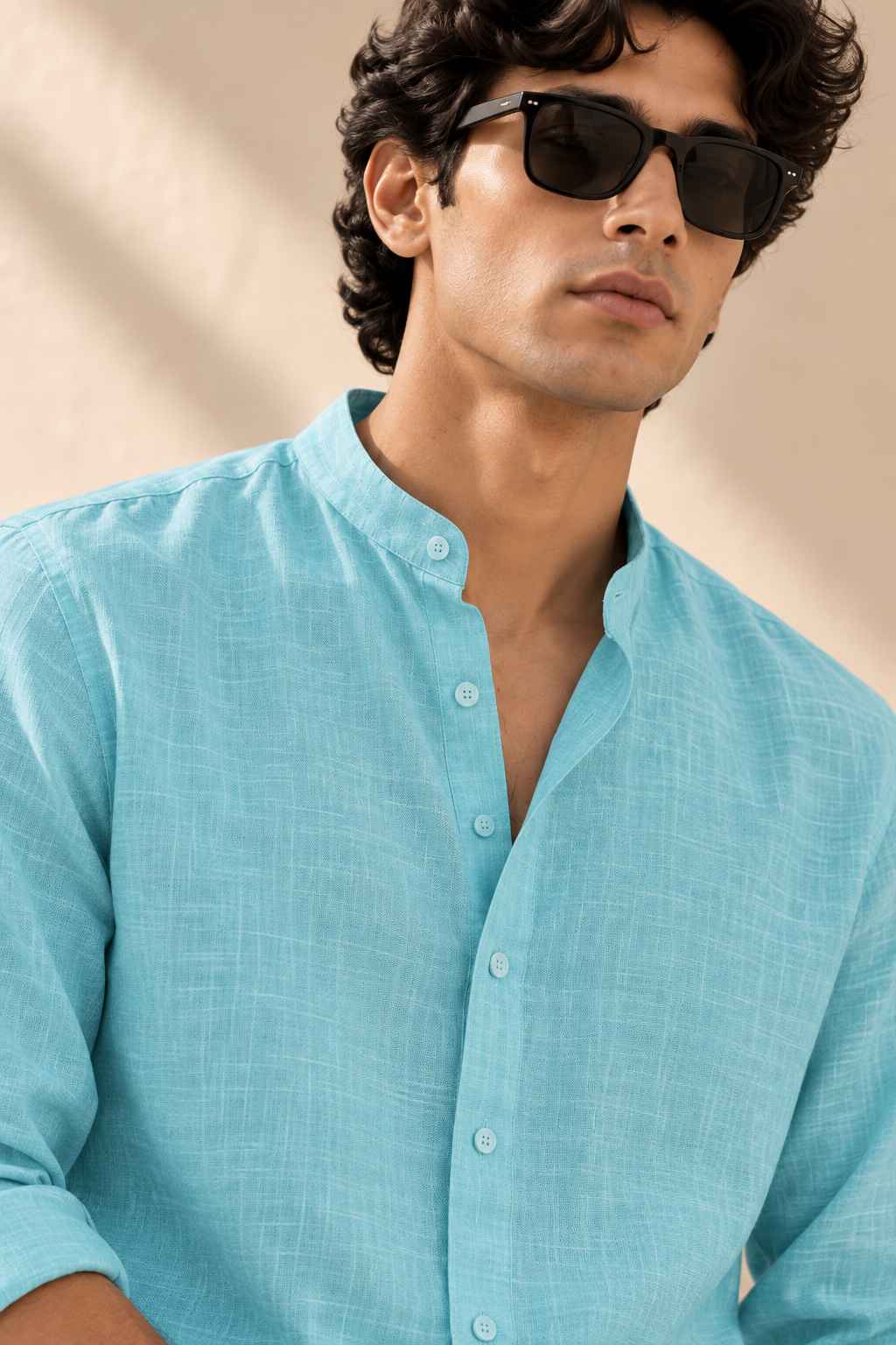 Turquoise Pure Linen Shirt - Mandarin Collar