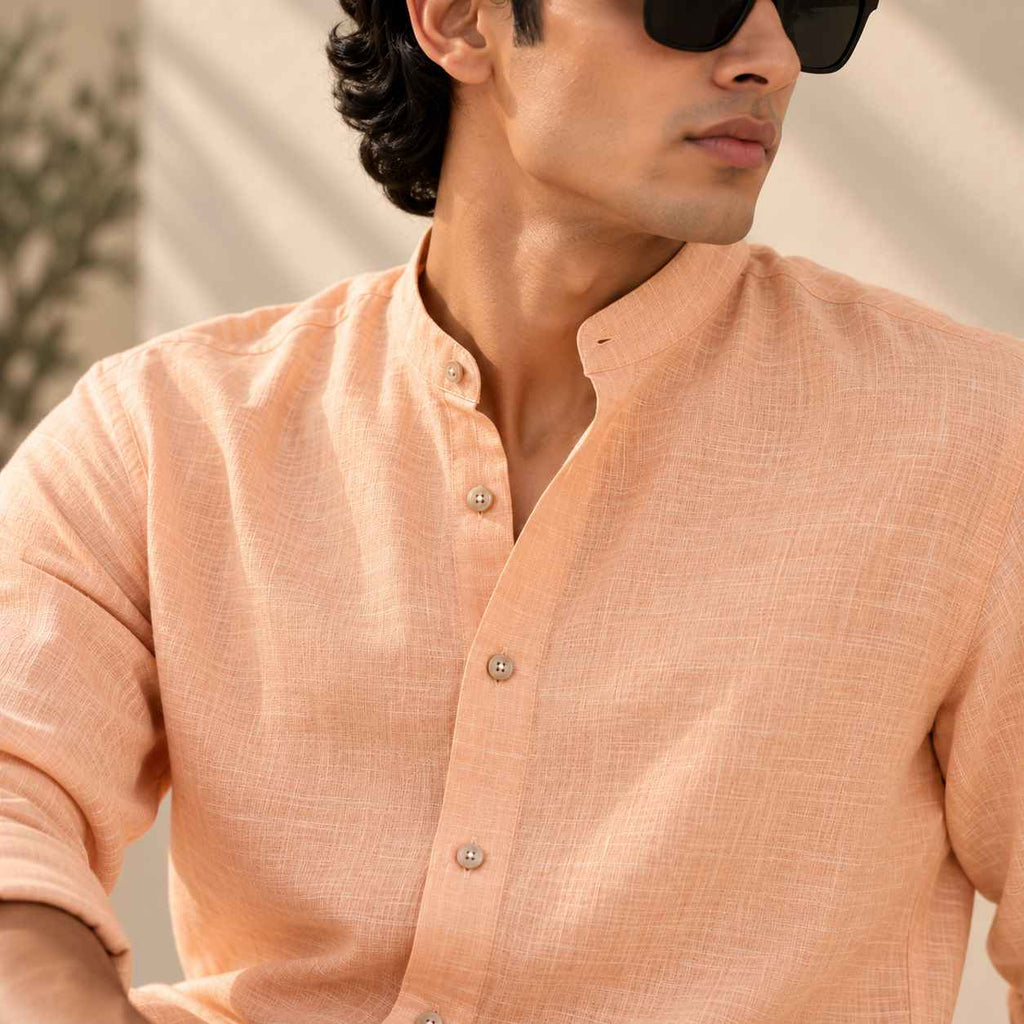 Peach Pure Linen Shirt - Mandarin Collar