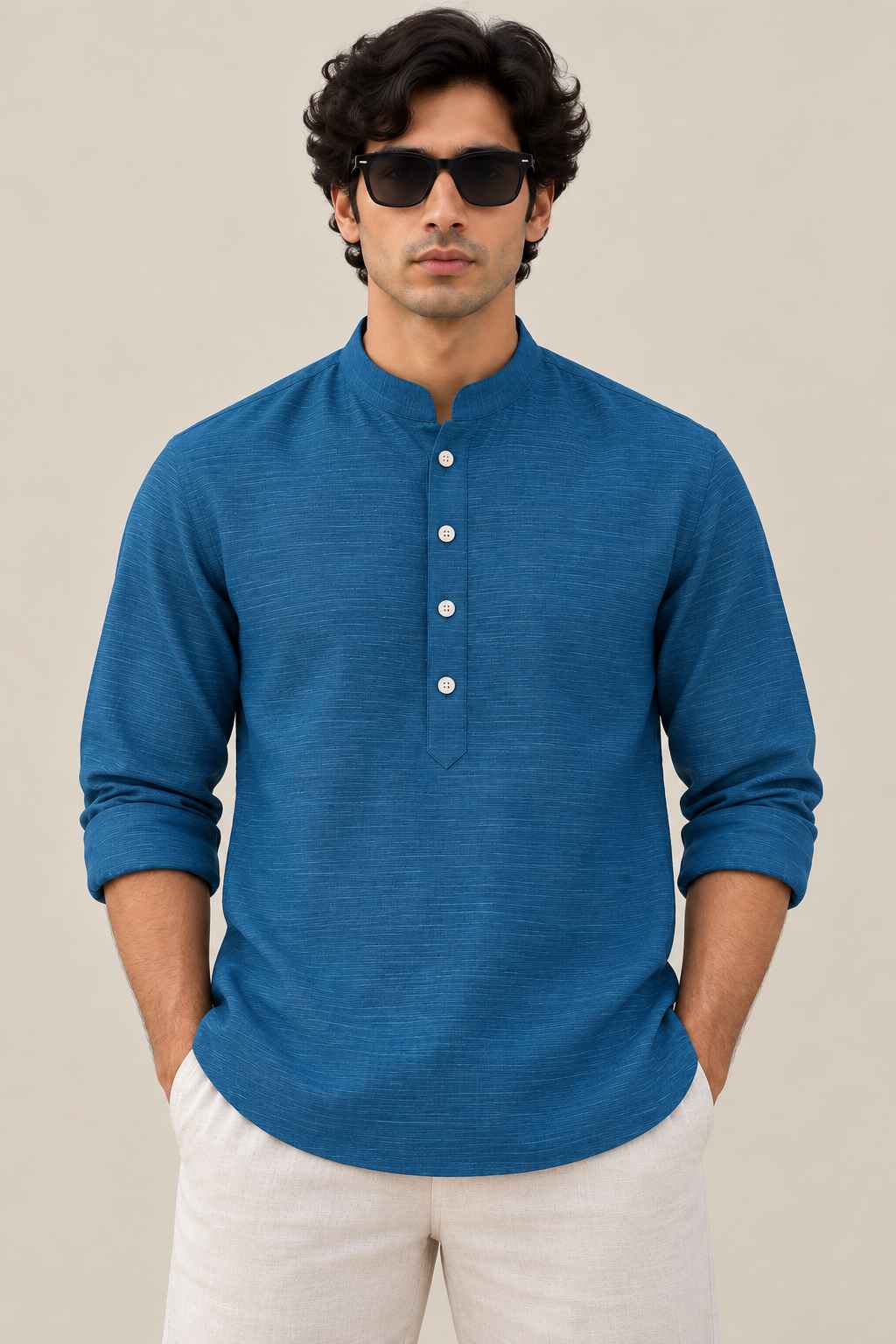 A man wearing a blue long-sleeve mandarin collar henley shirt with white buttons, paired with off-white trousers and black sunglasses, standing against a plain beige background.