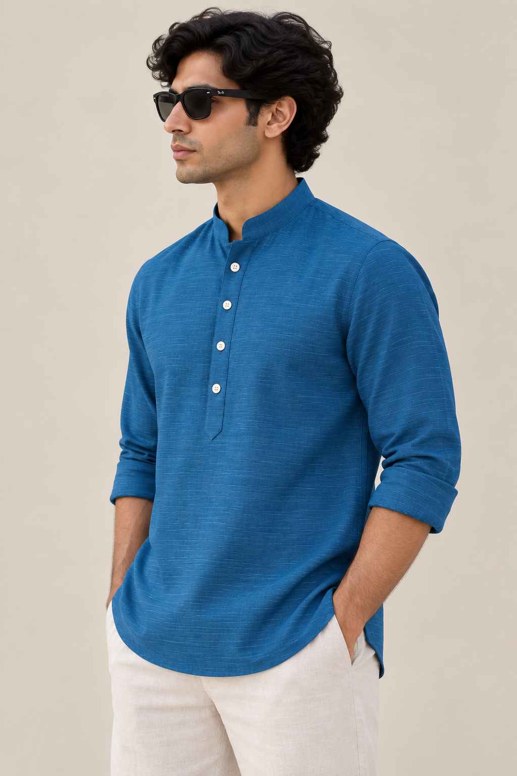 Peacock Blue Linen Blend Kurta Shirt - Mandarin Collar