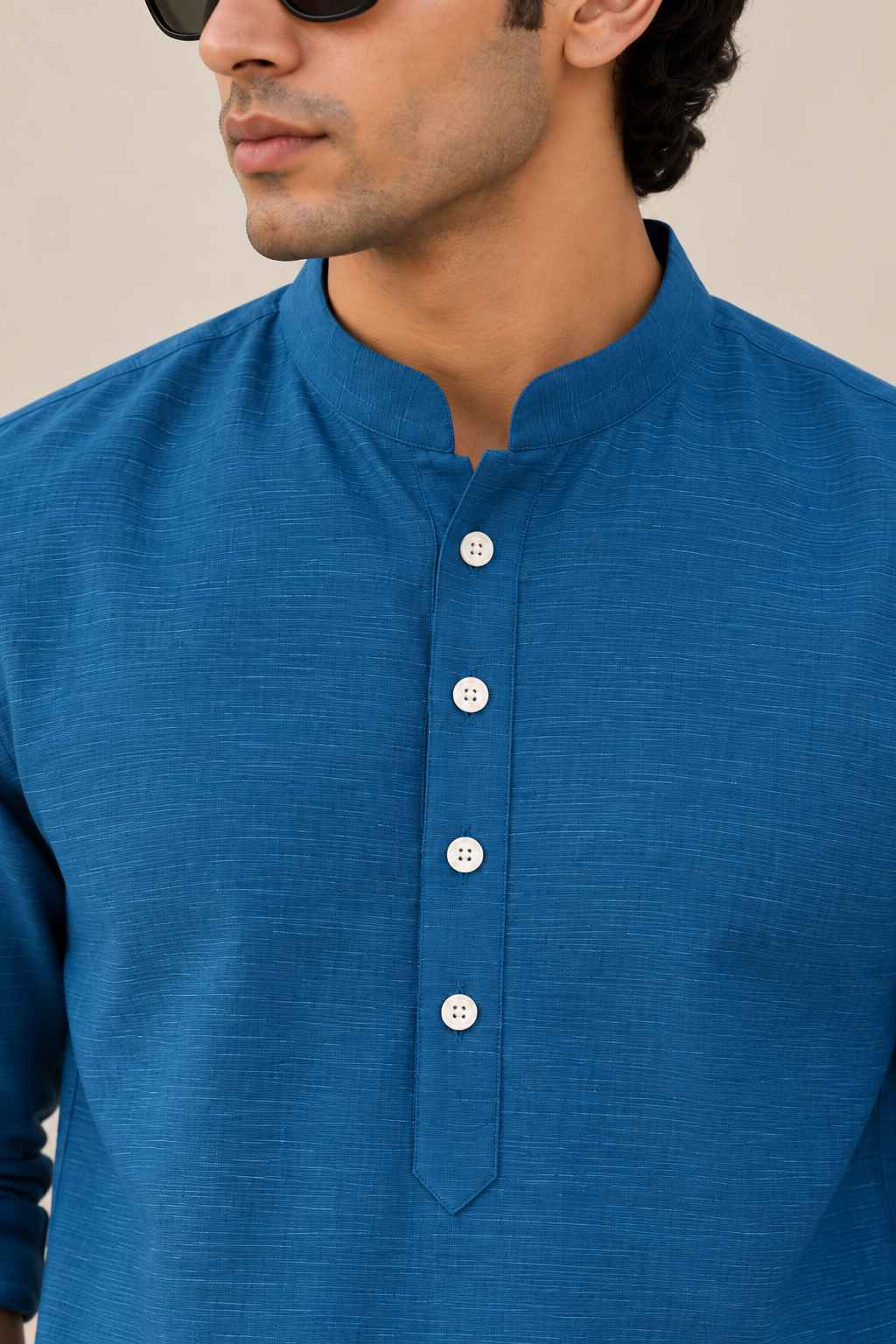 Peacock Blue Linen Blend Kurta Shirt - Mandarin Collar