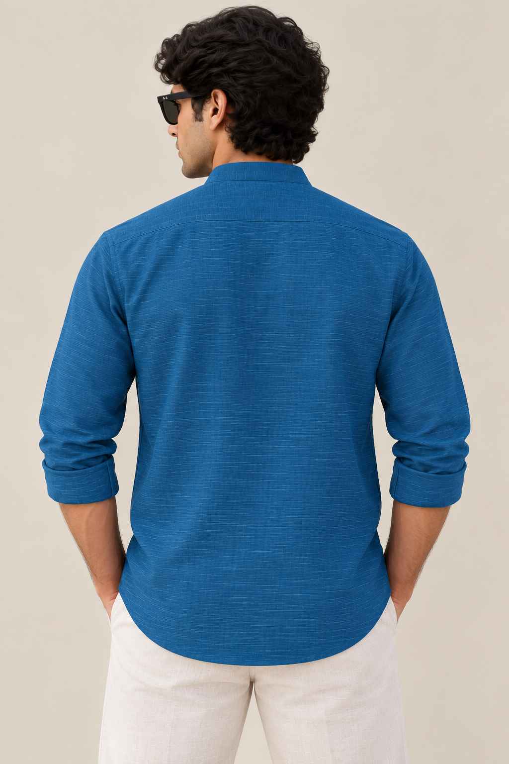 Peacock Blue Linen Blend Kurta Shirt - Mandarin Collar