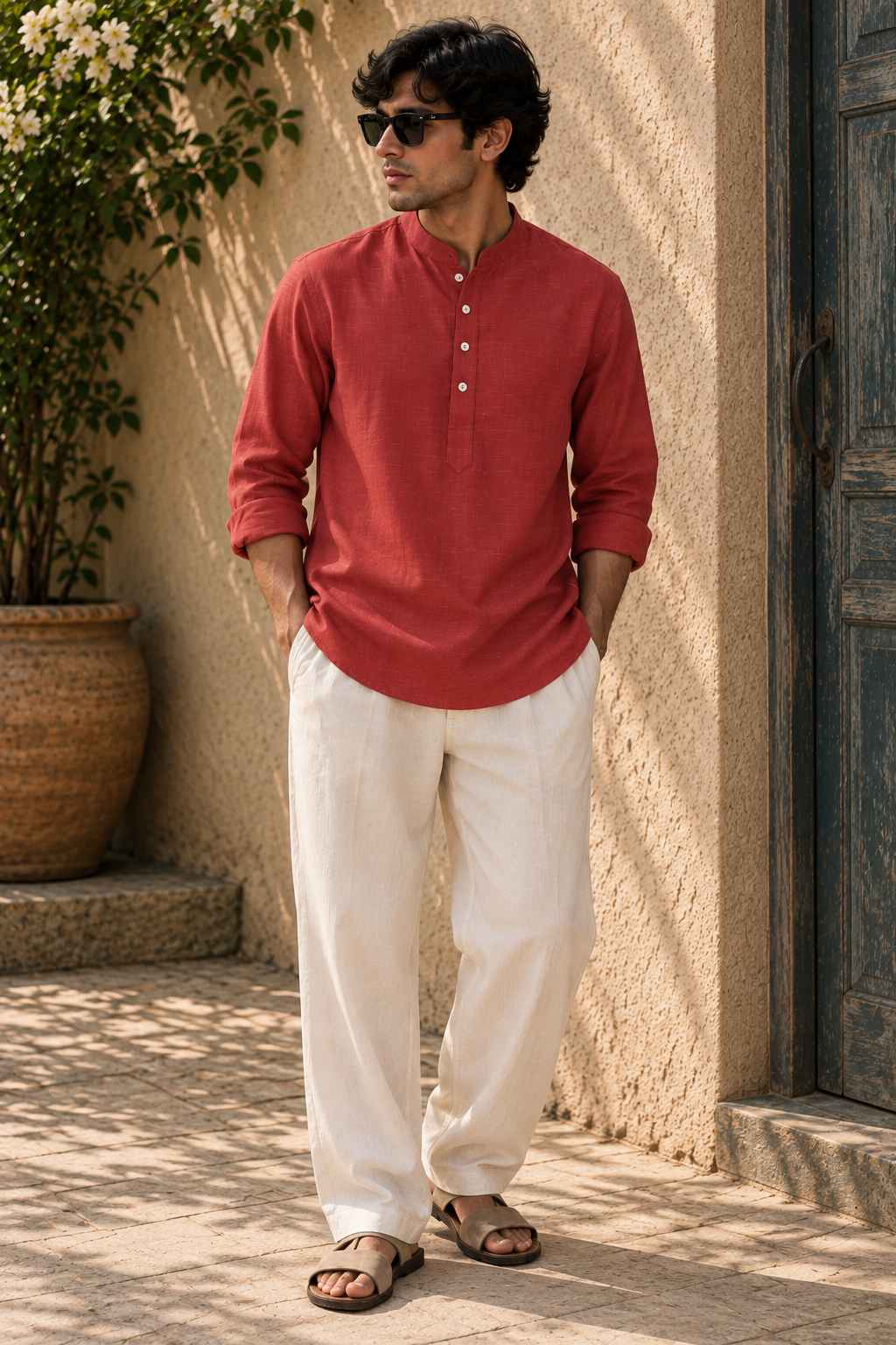 Coral Red Linen Blend Kurta Shirt - Mandarin Collar