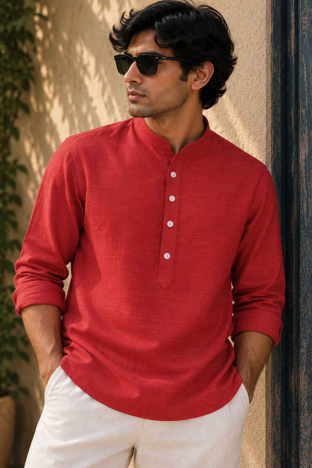 A man wearing a red long-sleeve mandarin collar henley shirt with white pants, standing outdoors against a textured beige wall.