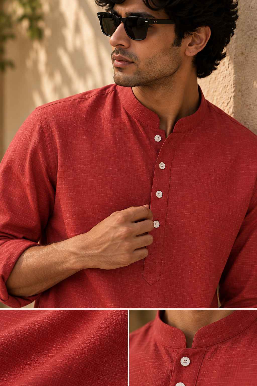 Coral Red Linen Blend Kurta Shirt - Mandarin Collar