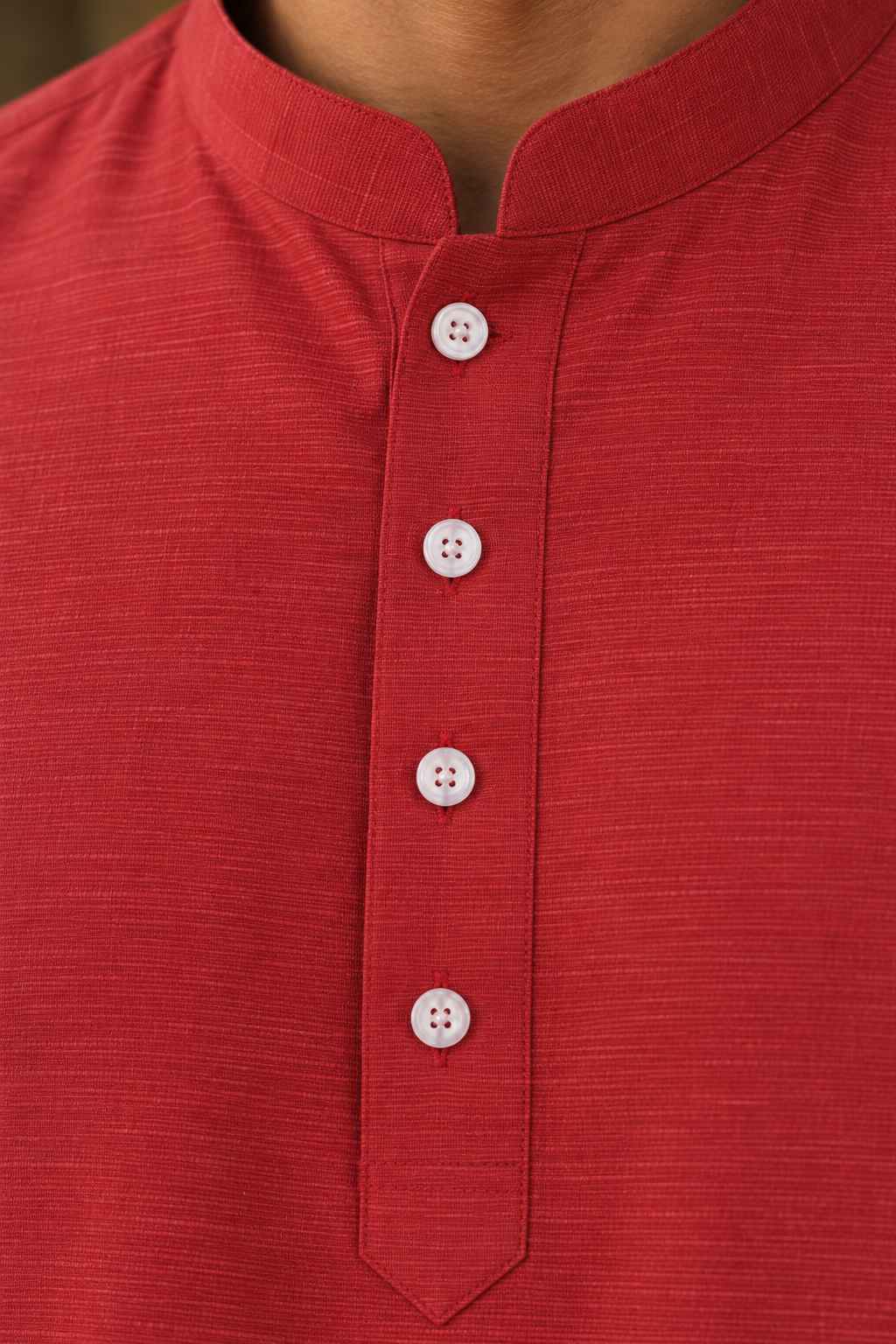 Coral Red Linen Blend Kurta Shirt - Mandarin Collar