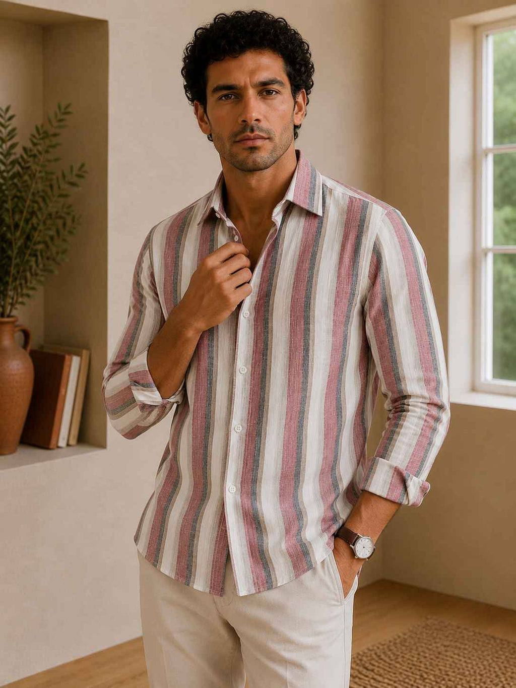 Man wearing a striped shirt in a room with a window and plant