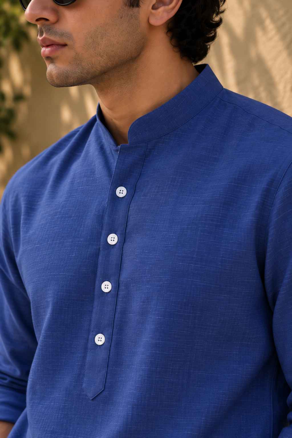 Royal Blue Linen Blend Kurta Shirt - Mandarin Collar