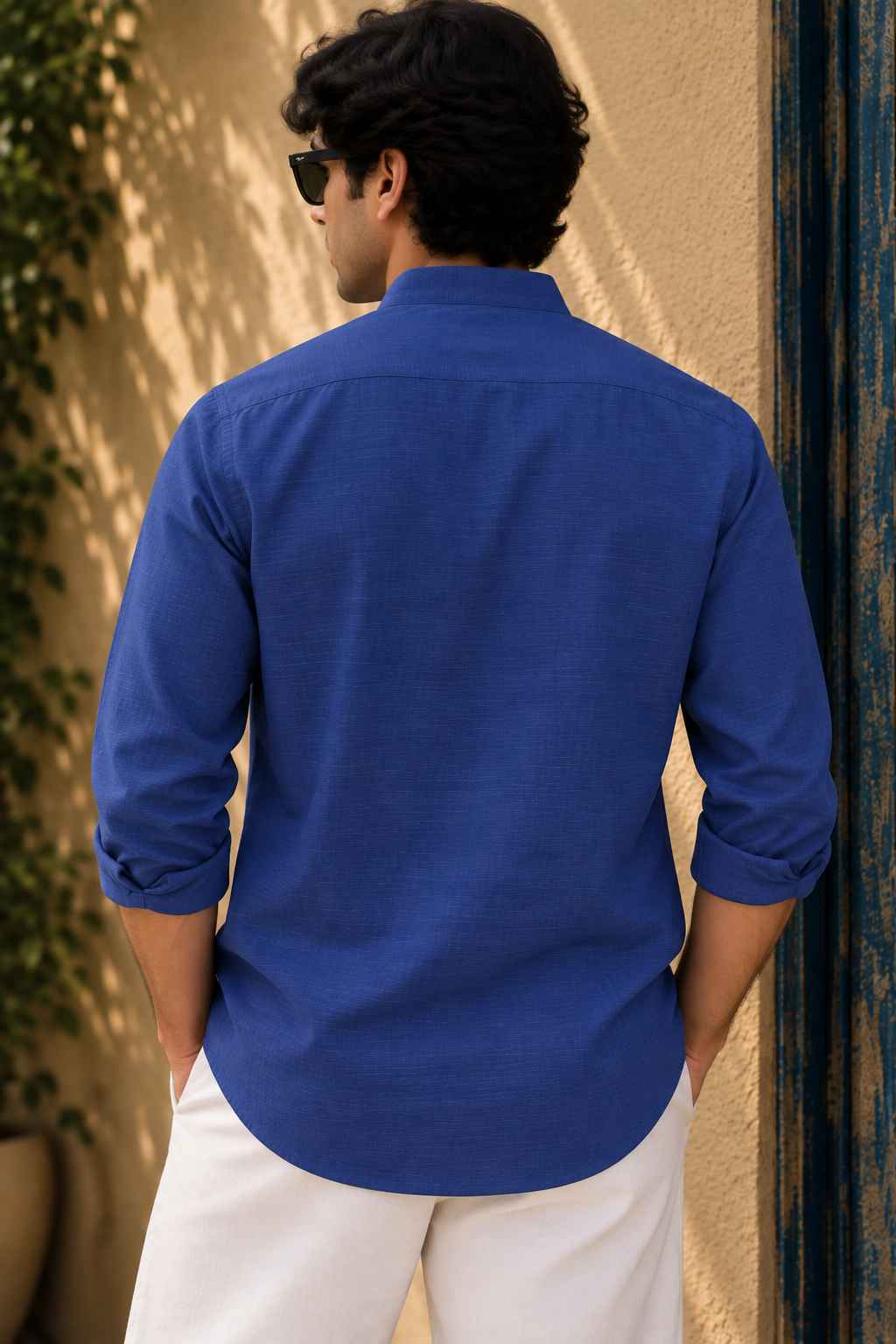 Royal Blue Linen Blend Kurta Shirt - Mandarin Collar