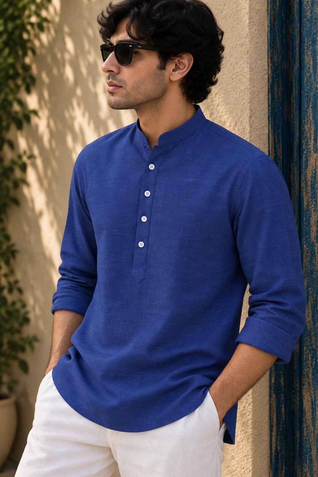 Royal Blue Linen Blend Kurta Shirt - Mandarin Collar