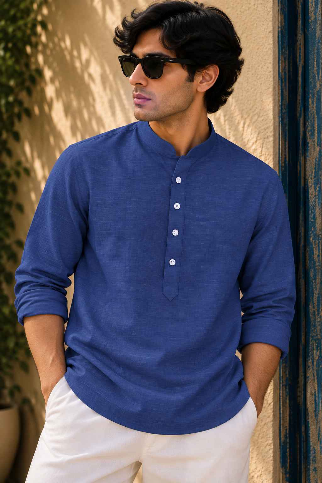 Royal Blue Linen Blend Kurta Shirt - Mandarin Collar