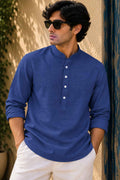 Royal Blue Linen Blend Kurta Shirt - Mandarin Collar