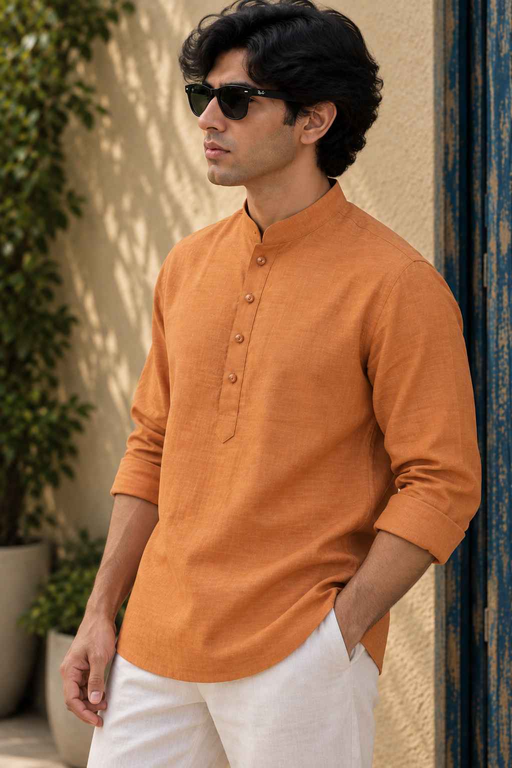 Saffron Linen Blend Kurta Shirt - Mandarin Collar