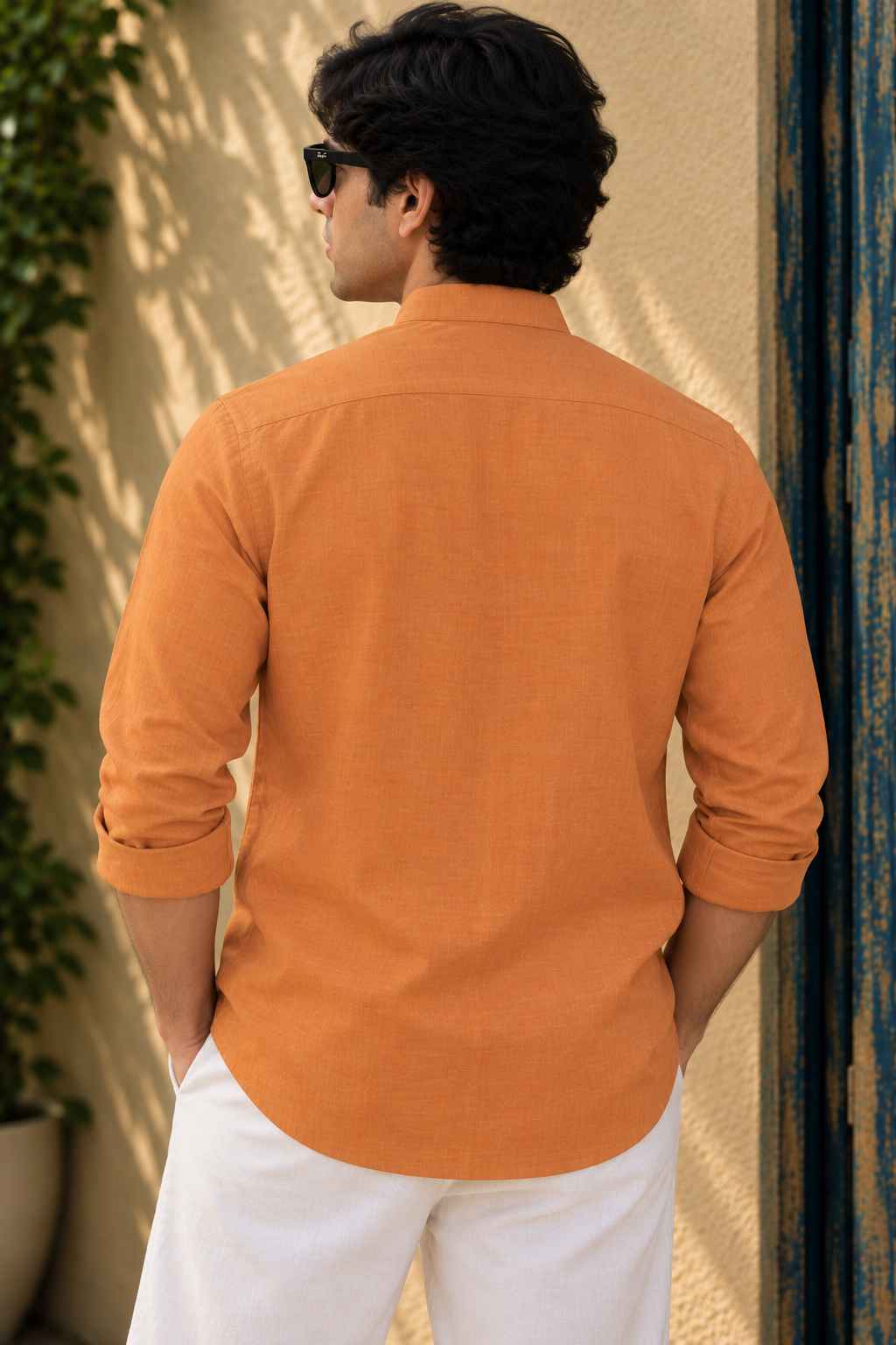 Saffron Linen Blend Kurta Shirt - Mandarin Collar