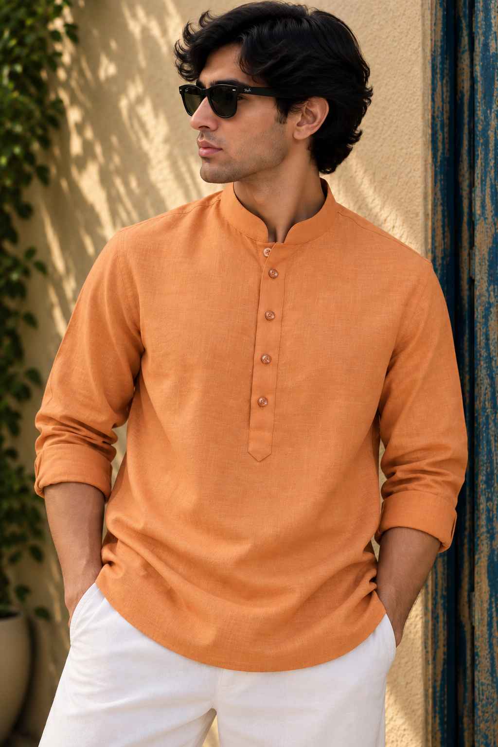 Saffron Linen Blend Kurta Shirt - Mandarin Collar