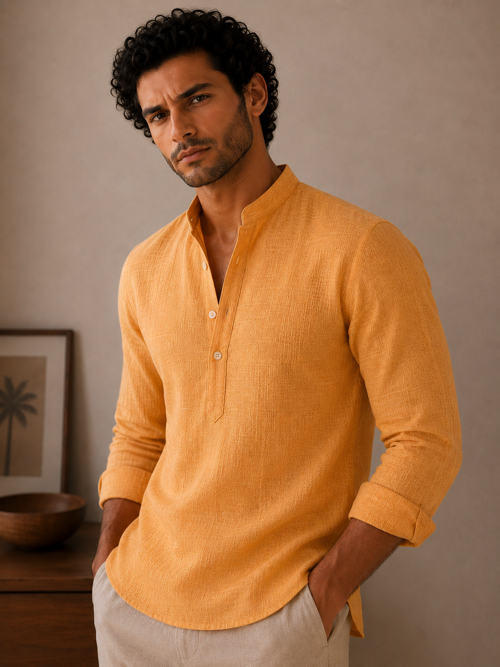 Saffron Linen Kurta Shirt - Mandarin Collar