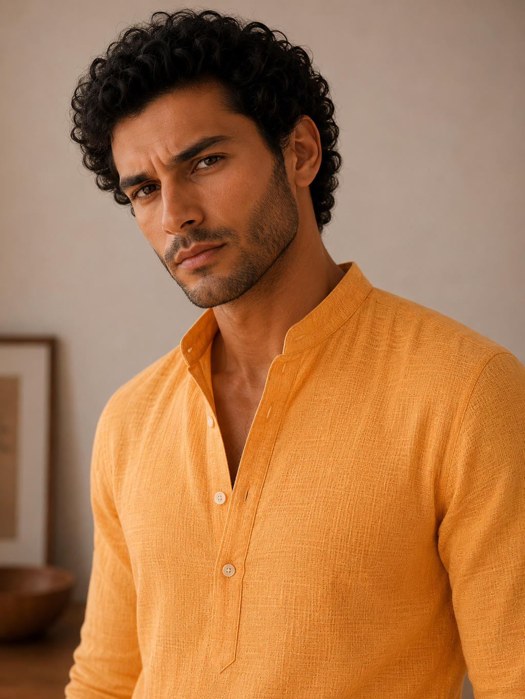 Saffron Linen Kurta Shirt - Mandarin Collar
