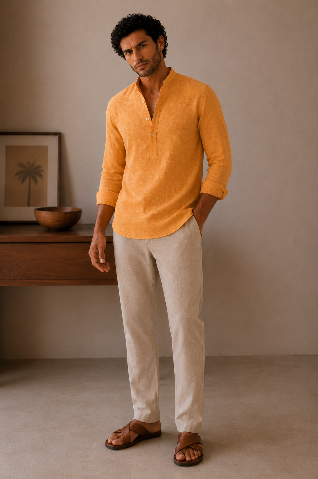 Saffron Linen Kurta Shirt - Mandarin Collar