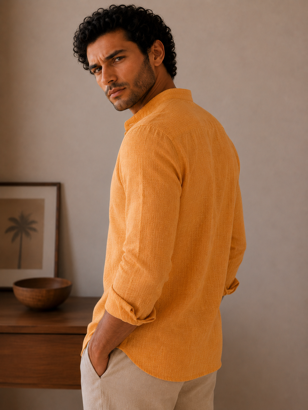 Saffron Linen Kurta Shirt - Mandarin Collar
