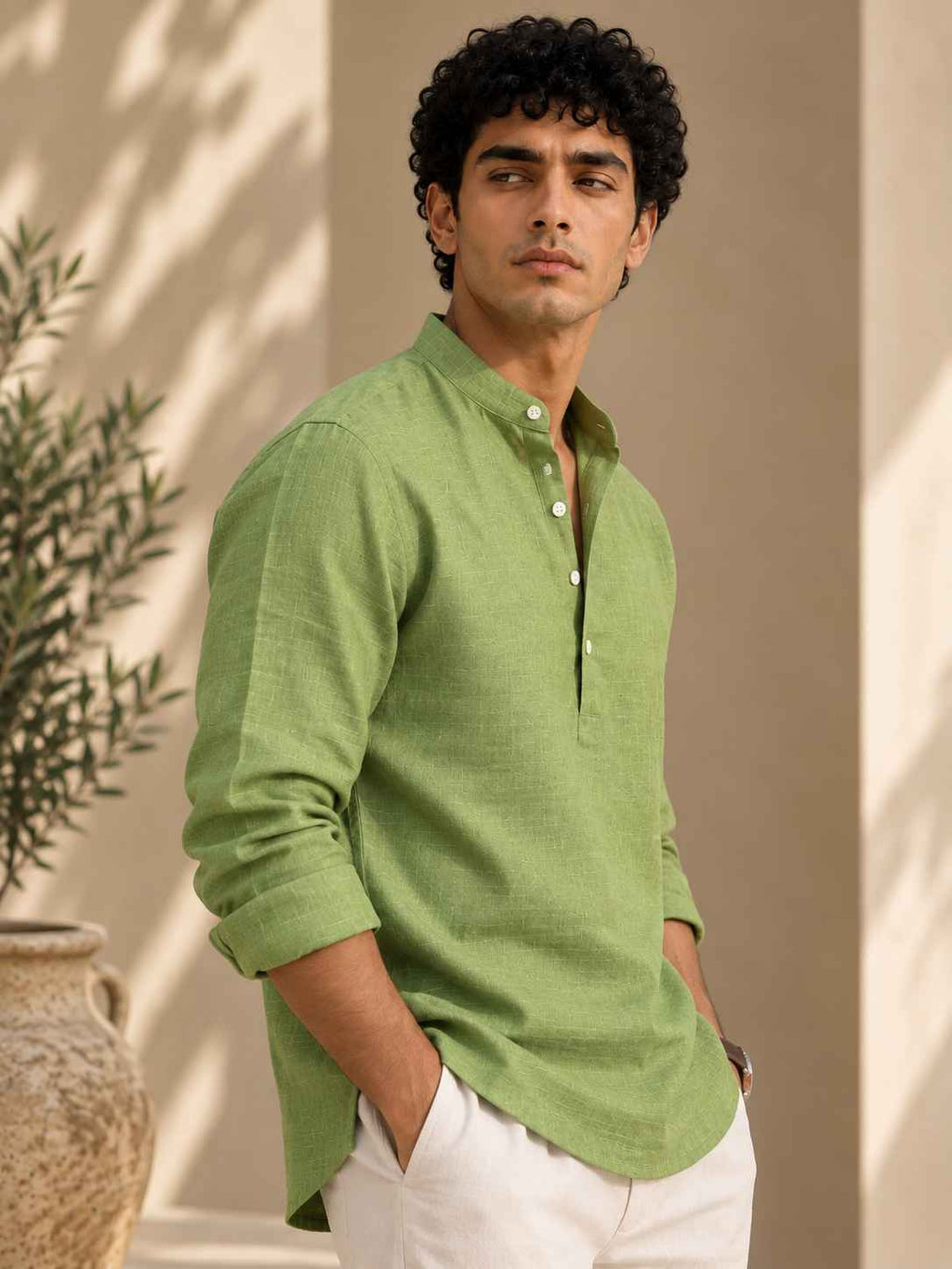Sage Green Linen Kurta Shirt - Mandarin Collar