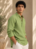 Sage Green Linen Kurta Shirt - Mandarin Collar