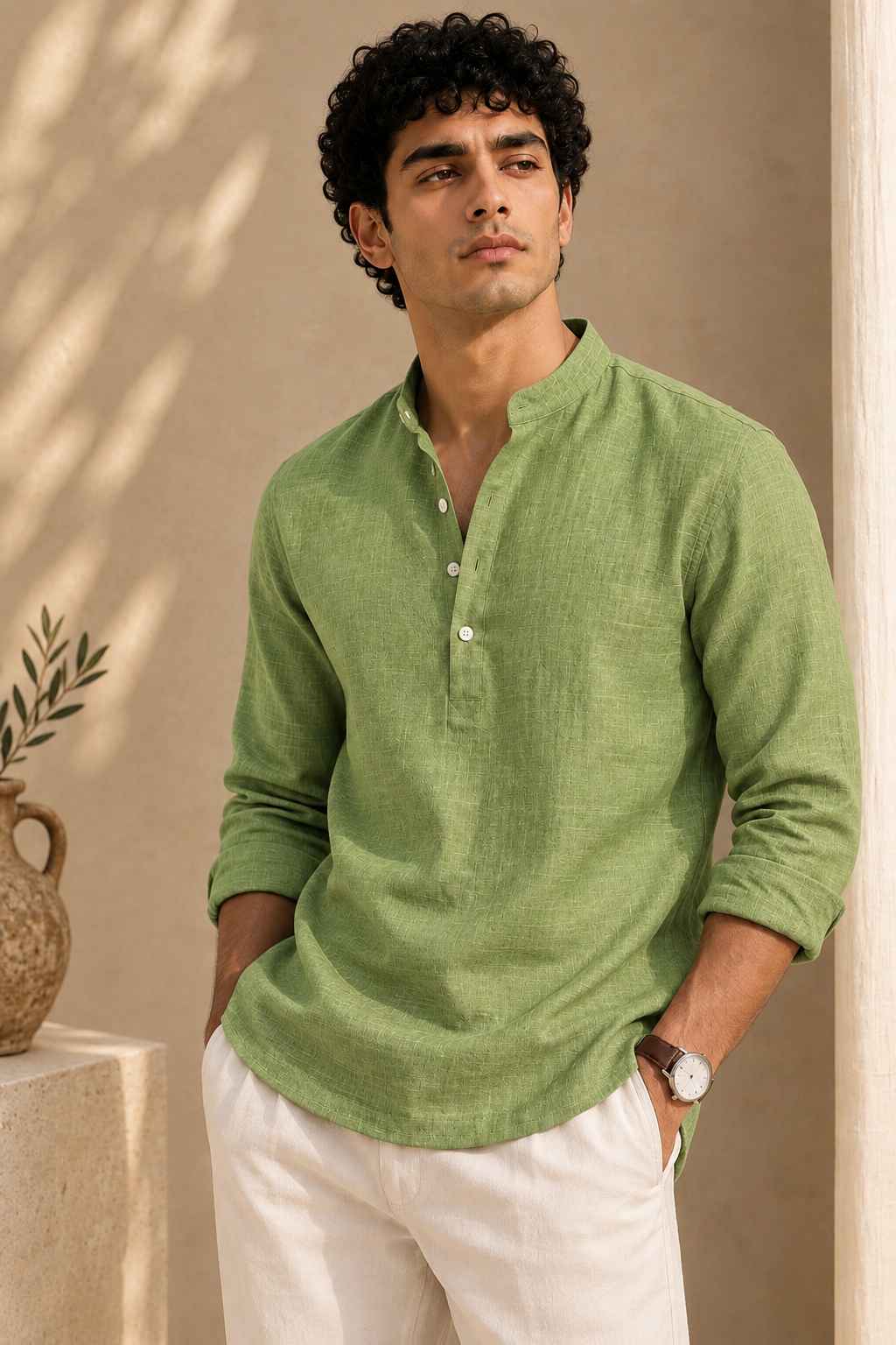 Sage Green Linen Kurta Shirt - Mandarin Collar