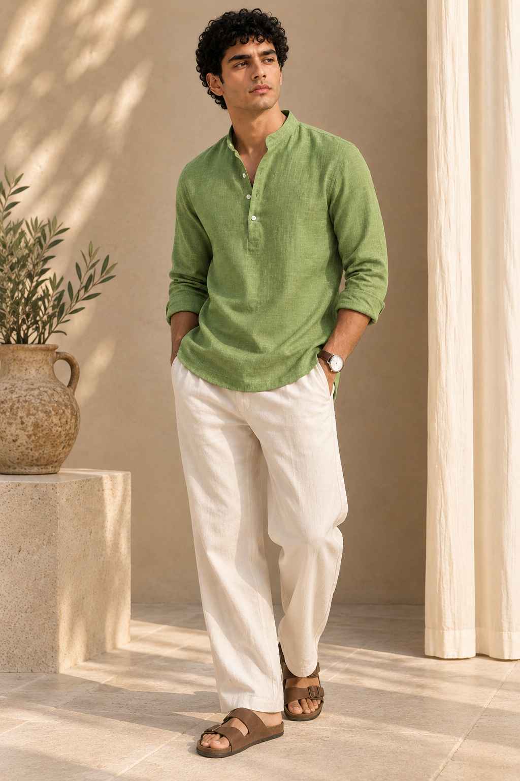 Sage Green Linen Kurta Shirt - Mandarin Collar
