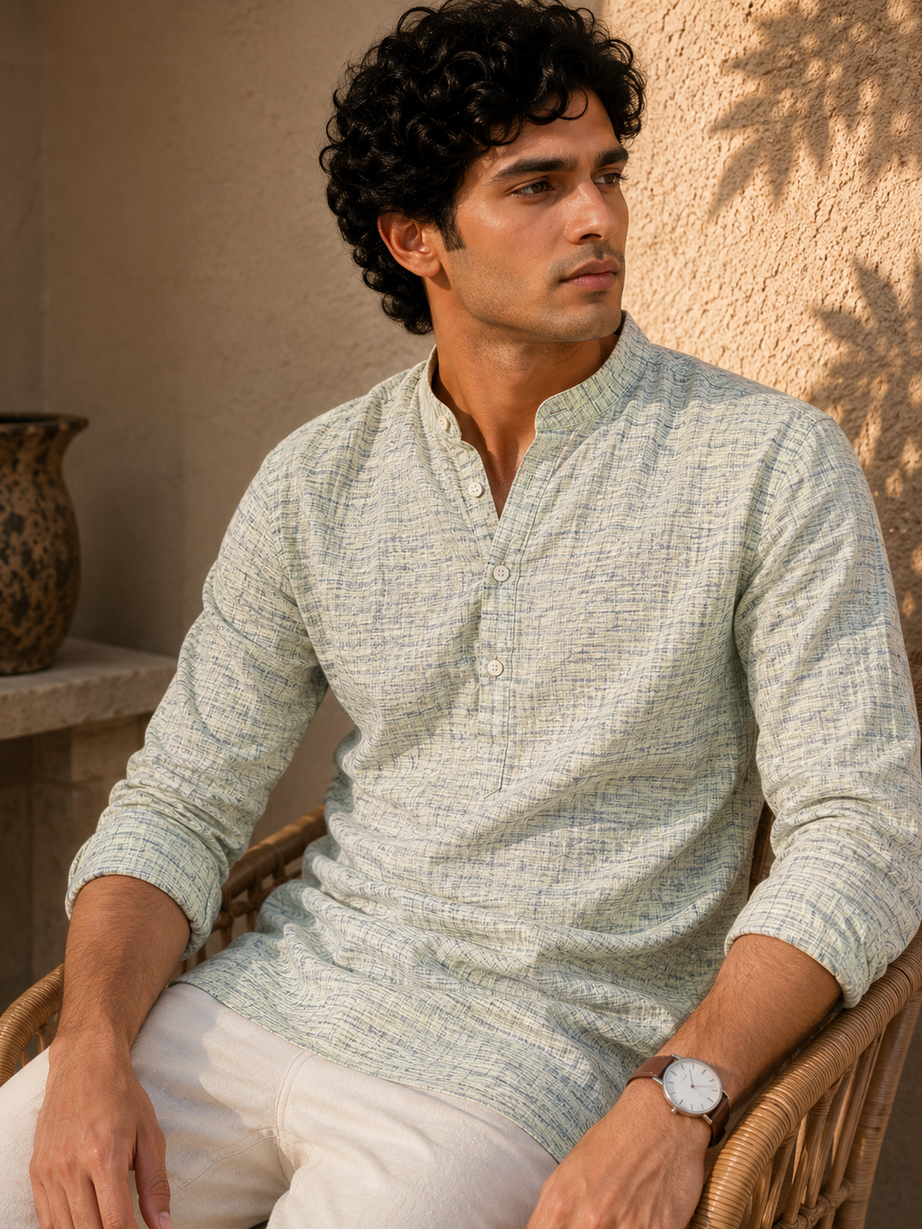 Sagewood Textured Cotton Khadi Kurta Shirt - Mandarin Collar