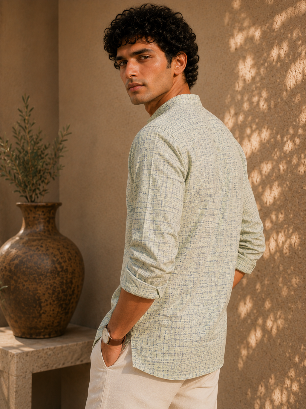 Sagewood Textured Cotton Khadi Kurta Shirt - Mandarin Collar