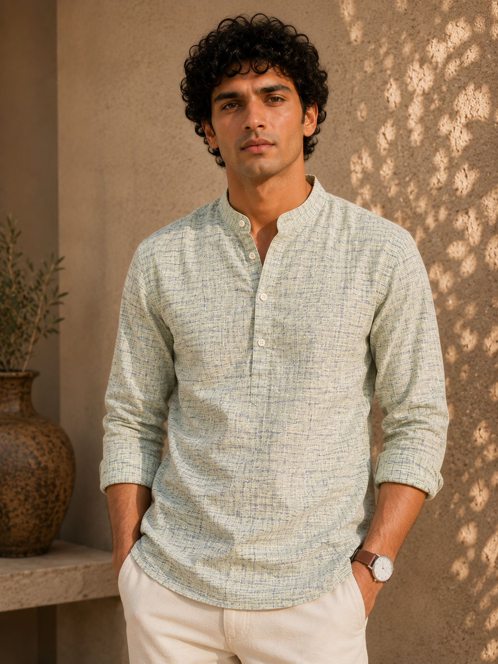 Sagewood Textured Cotton Khadi Kurta Shirt - Mandarin Collar