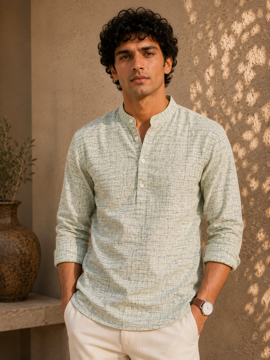 Sagewood Textured Cotton Khadi Kurta Shirt - Mandarin Collar