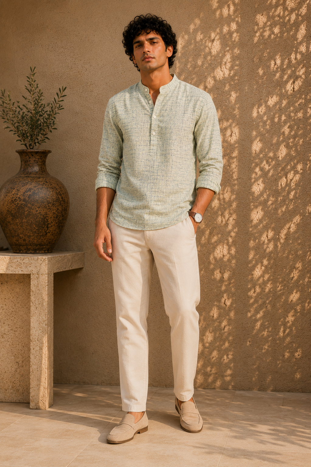 Sagewood Textured Cotton Khadi Kurta Shirt - Mandarin Collar