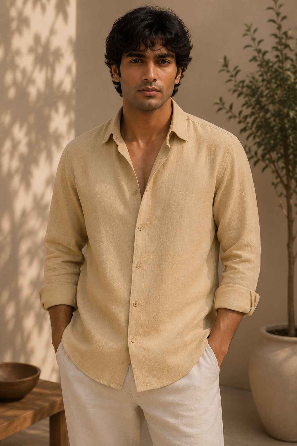 Camel Tan Pure Linen Shirt - European 60 LEA