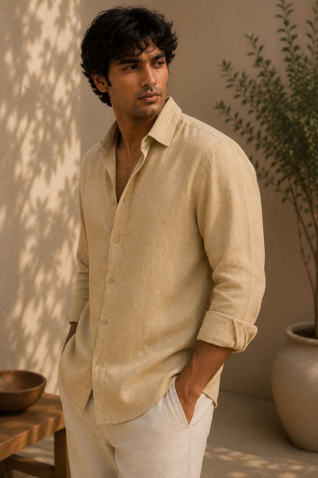 Camel Tan Pure Linen Shirt - European 60 LEA