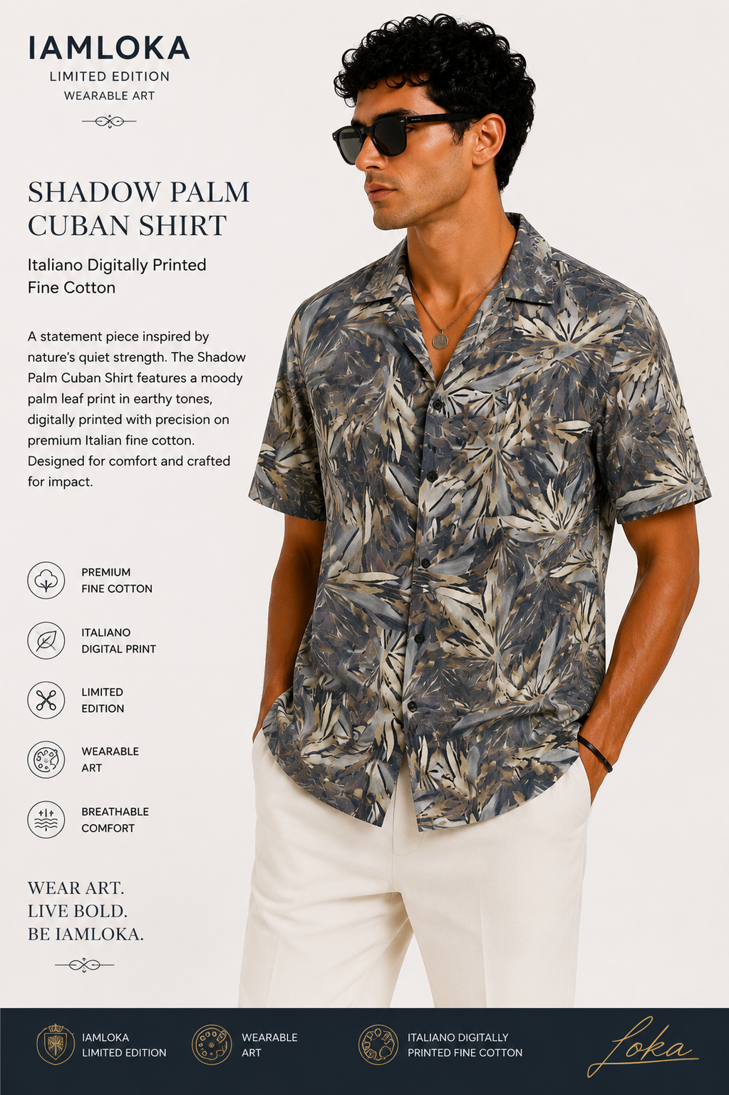 Man wearing a leaf-patterned shirt with product details on a white background