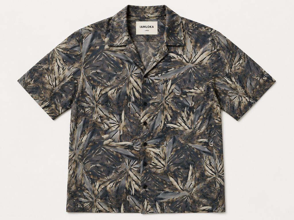 Short-sleeve shirt with leaf pattern on a white background